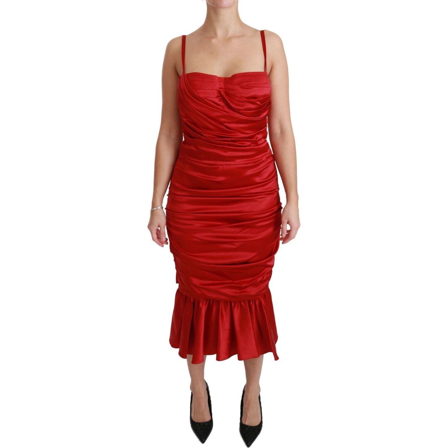 Exquisite Red Silk Fit and Flare Midi Dress