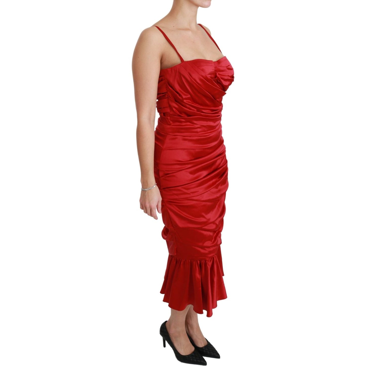 Exquisite Red Silk Fit and Flare Midi Dress