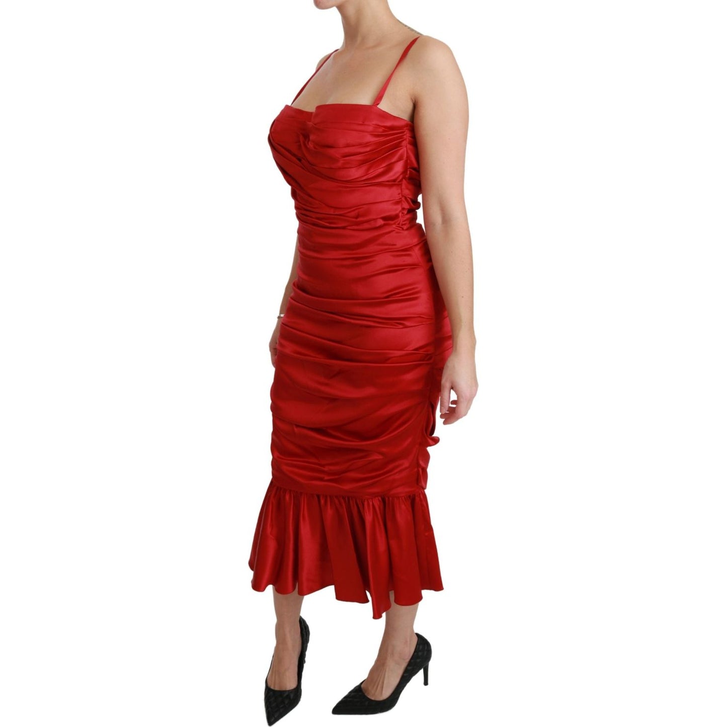 Exquisite Red Silk Fit and Flare Midi Dress