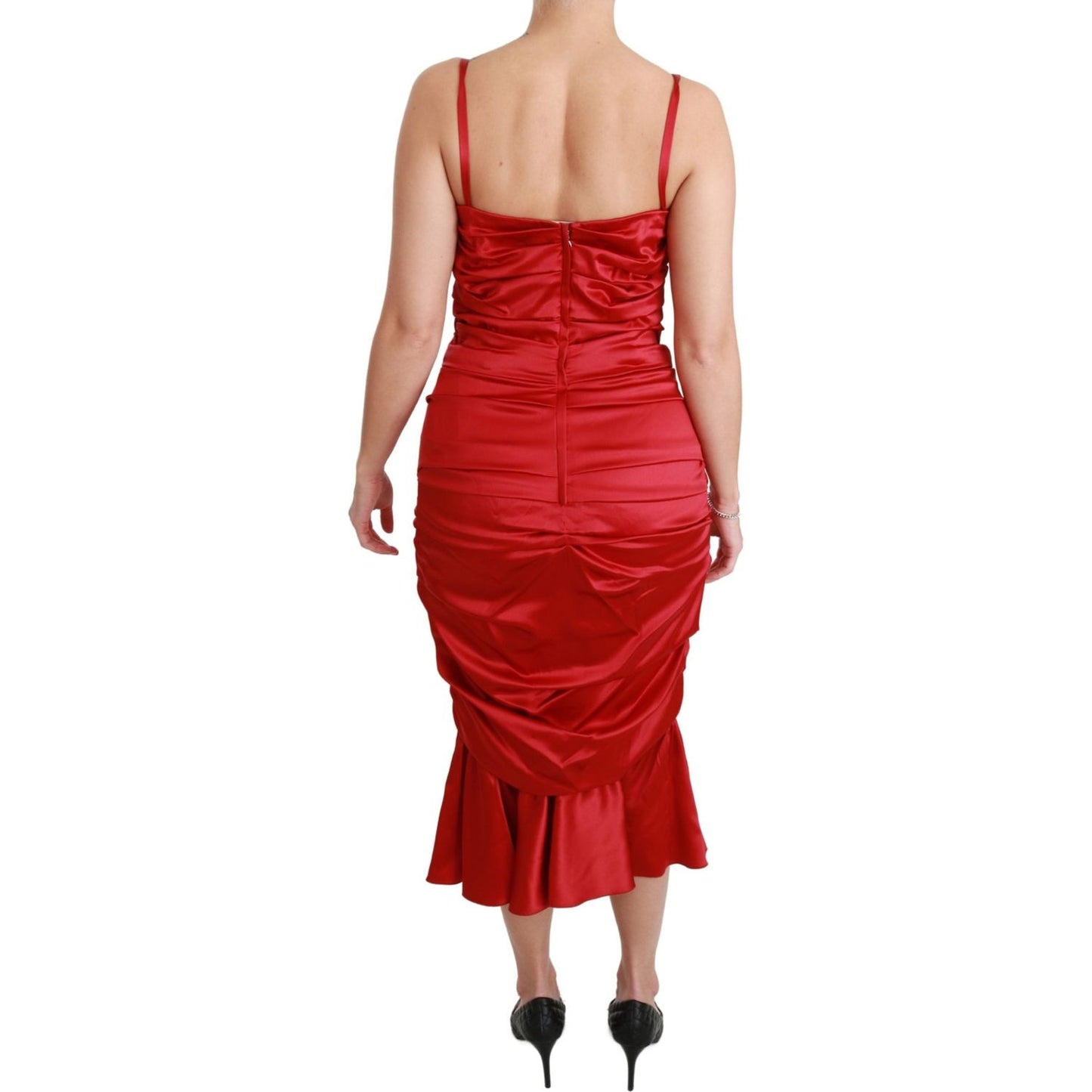 Exquisite Red Silk Fit and Flare Midi Dress