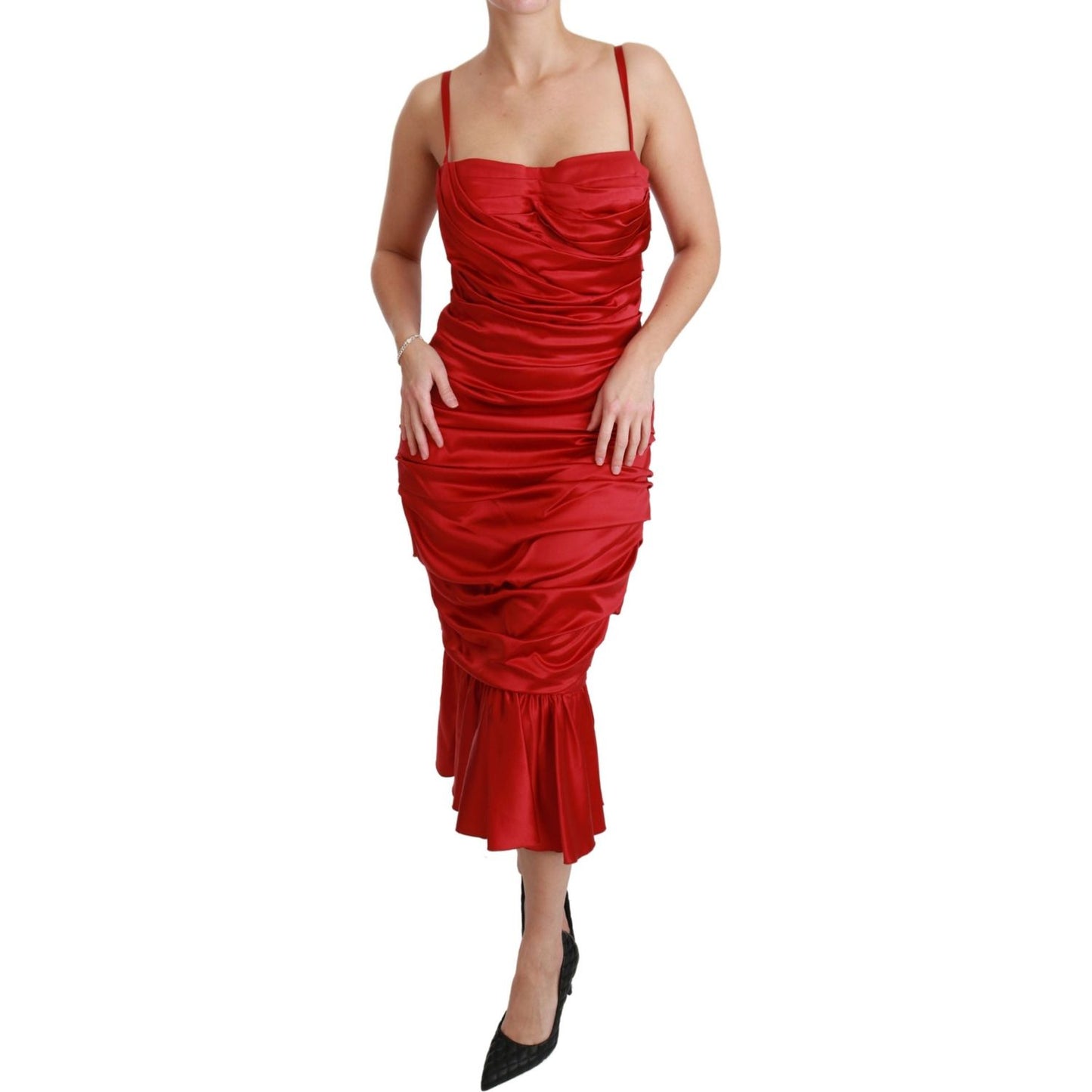 Exquisite Red Silk Fit and Flare Midi Dress