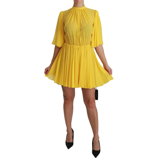 Silk Pleated A-line Mini Dress in Sunshine Yellow