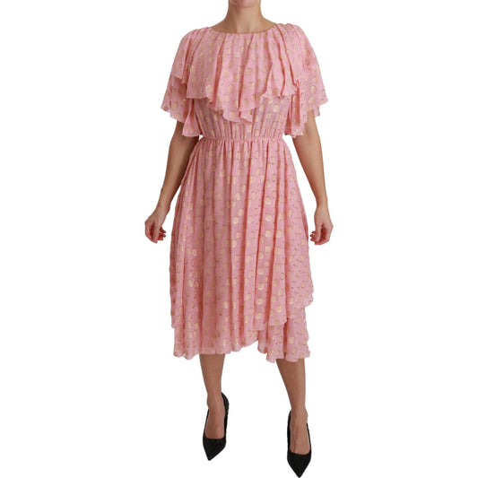 Dolce & Gabbana Silk Pink Polka Dots Pleated A-line Midi Dress Dolce & Gabbana