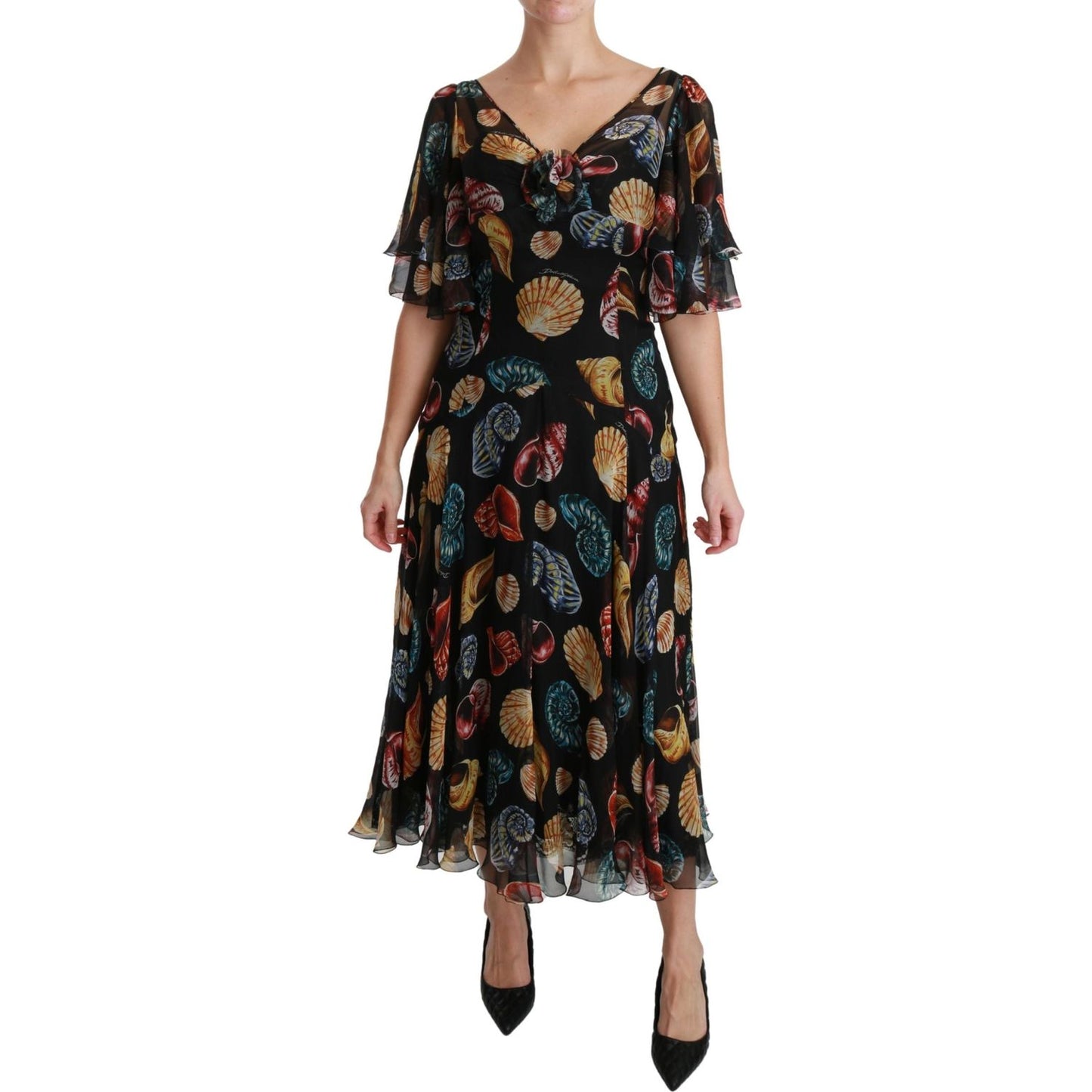 Elegant Sea Shells Print Silk Midi Dress