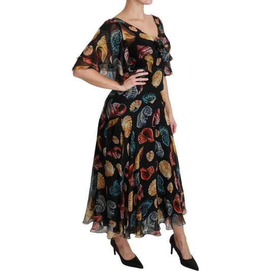 Elegant Sea Shells Print Silk Midi Dress