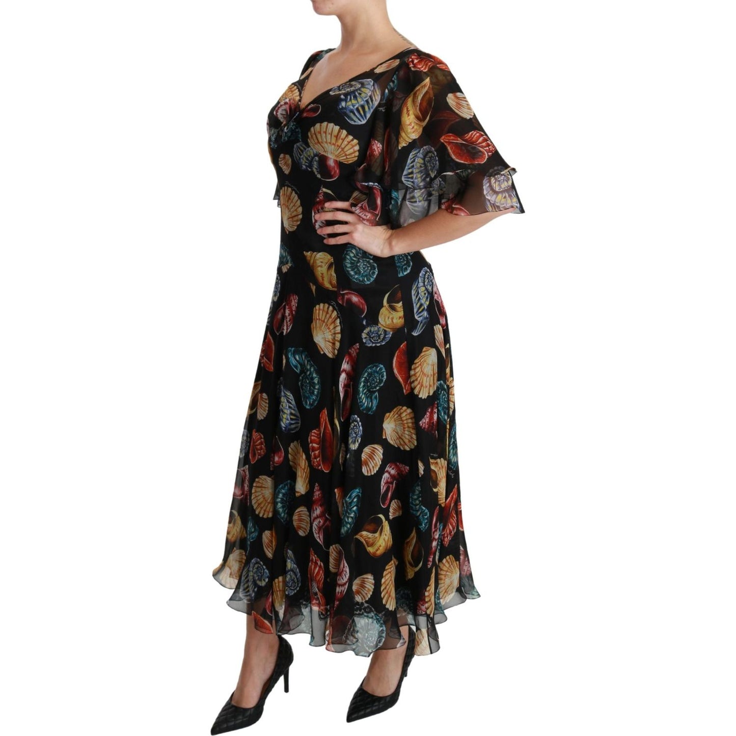 Elegant Sea Shells Print Silk Midi Dress