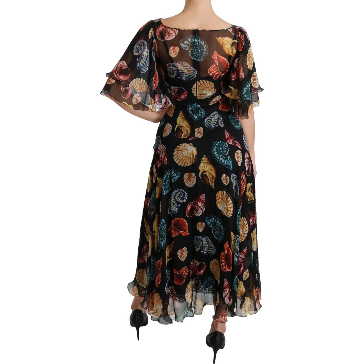 Elegant Sea Shells Print Silk Midi Dress