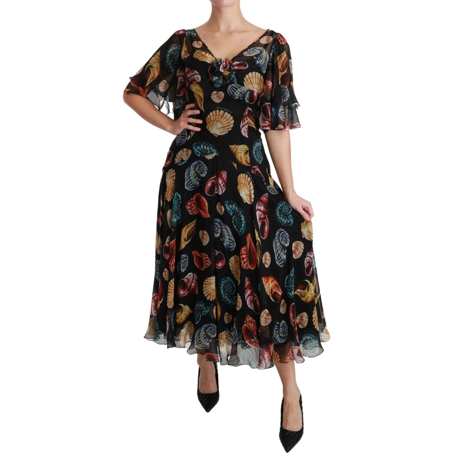 Elegant Sea Shells Print Silk Midi Dress