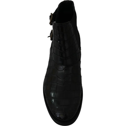 Dolce & Gabbana Black Crocodile Leather Derby Boots Shoes
