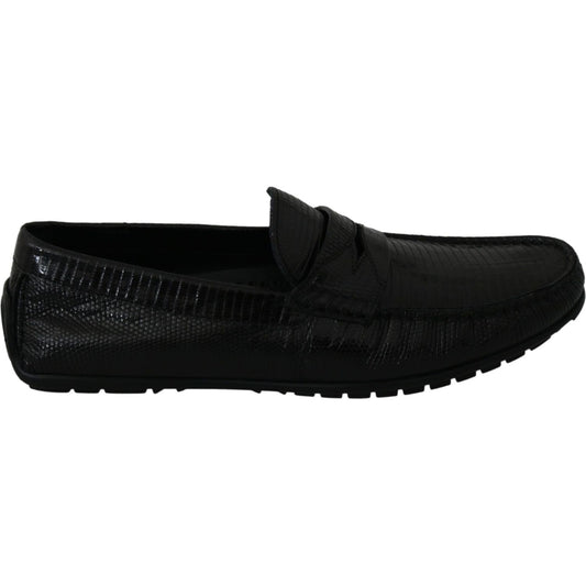 Exquisite Black Lizard Leather Loafers