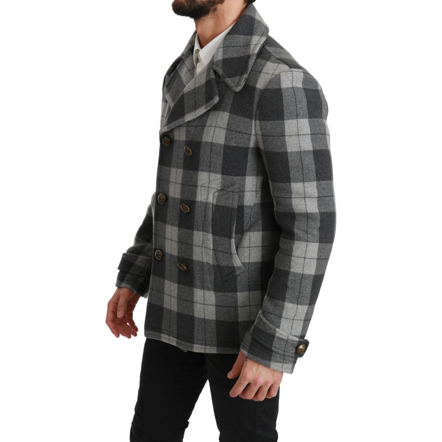 Elegant Gray Check Double Breasted Coat