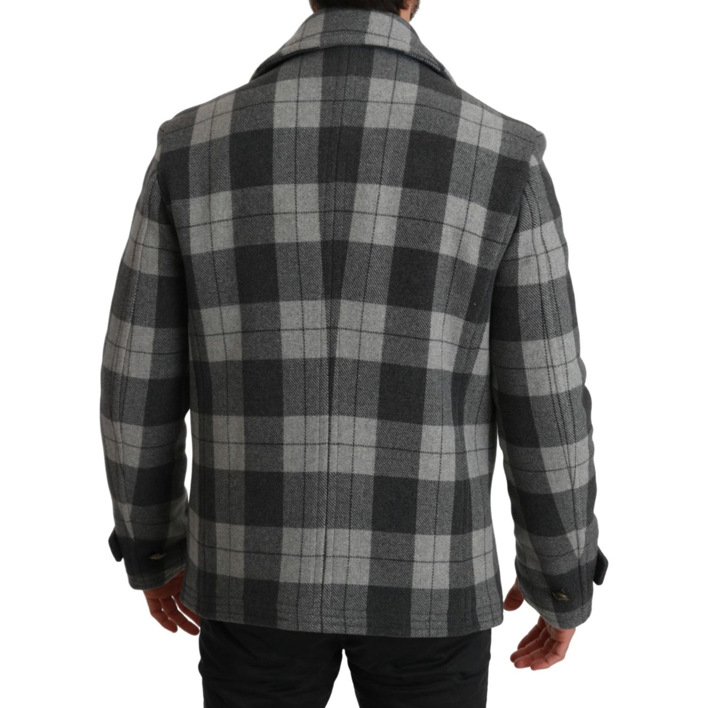 Elegant Gray Check Double Breasted Coat