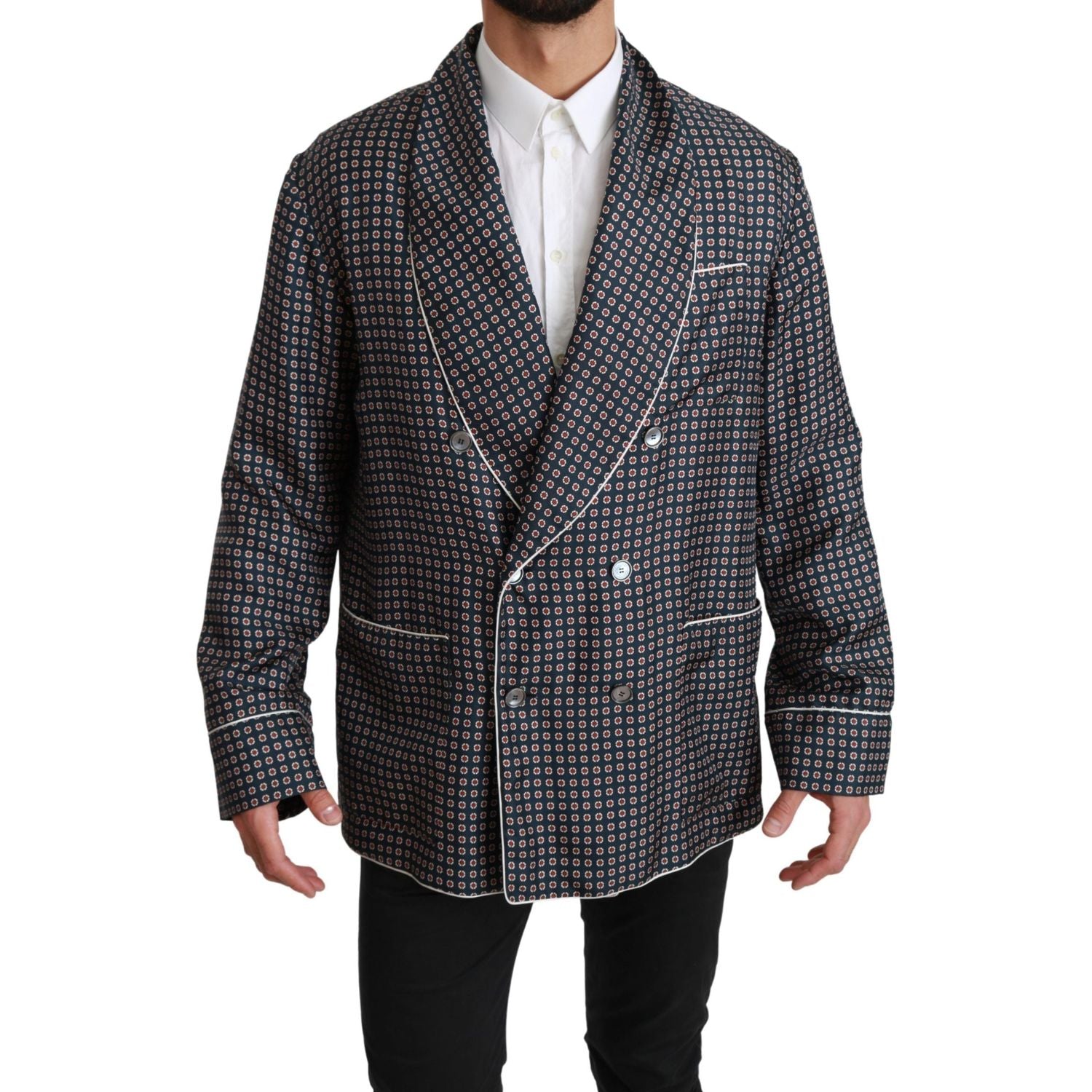 معطف دولتشي آند غابانا الأنيق ذو الصدر المزدوج من الحرير باللون الأزرق الداكن