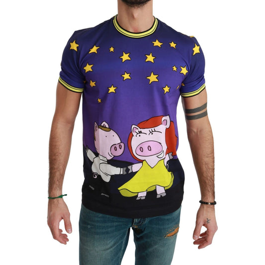 Purple Cotton Round Neck T-Shirt with Pig Motif