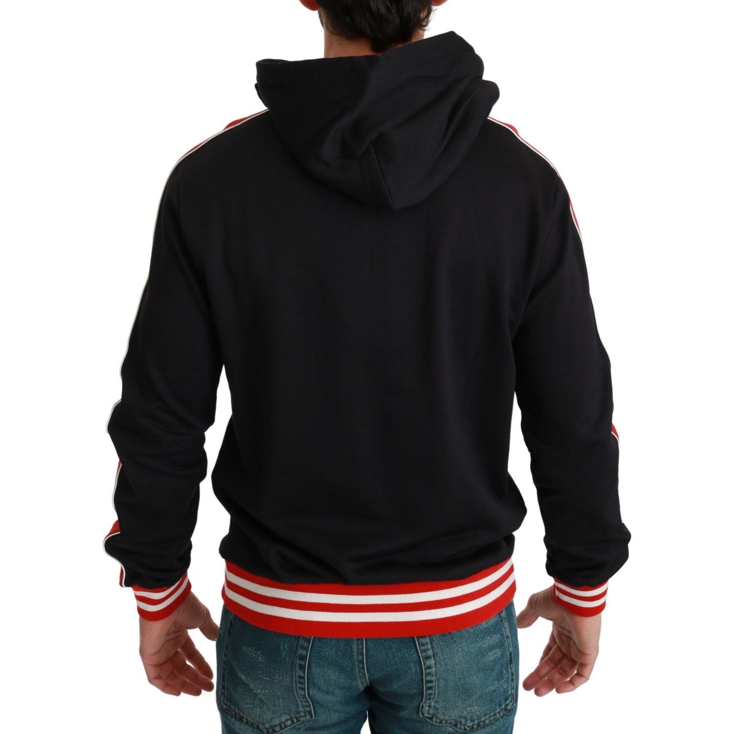 Elegant Black Hooded Sweater with Multicolor Motif