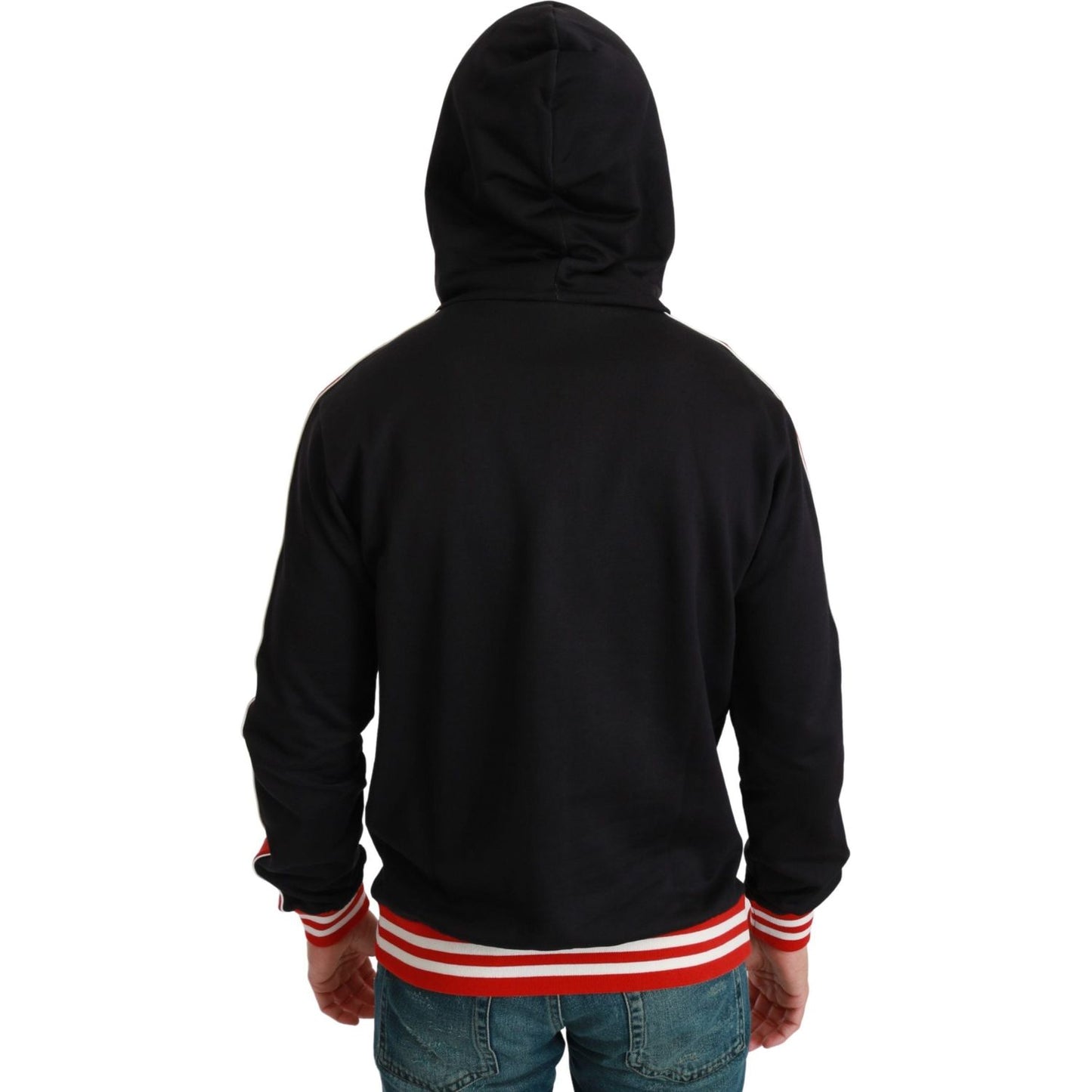 Elegant Black Hooded Sweater with Multicolor Motif