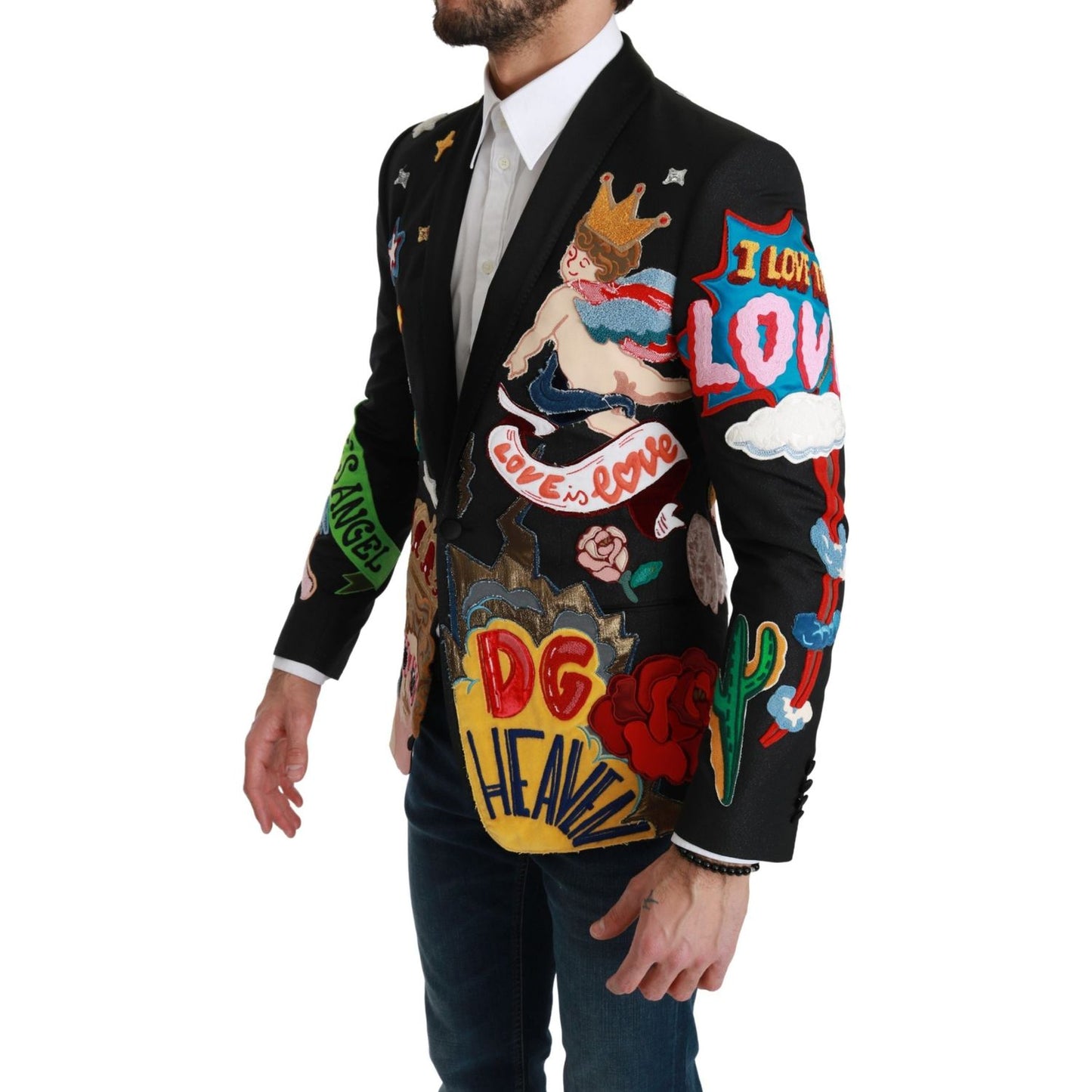 Chic Black Multicolor Motif Slim Fit Blazer