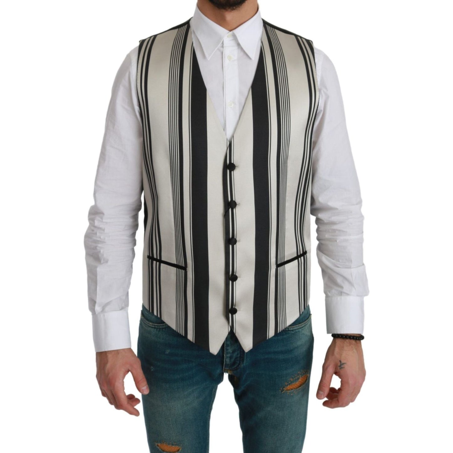 Dolce & Gabbana White Black Stripes Waistcoat Formal Vest