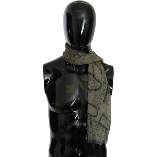 GF Ferre Green Wool Viscose Foulard Patterned Branded Scarf