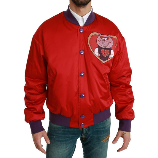 Vibrant Red Bomber Jacket with Multicolor Motif