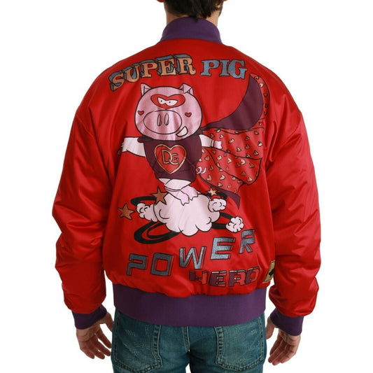 Vibrant Red Bomber Jacket with Multicolor Motif