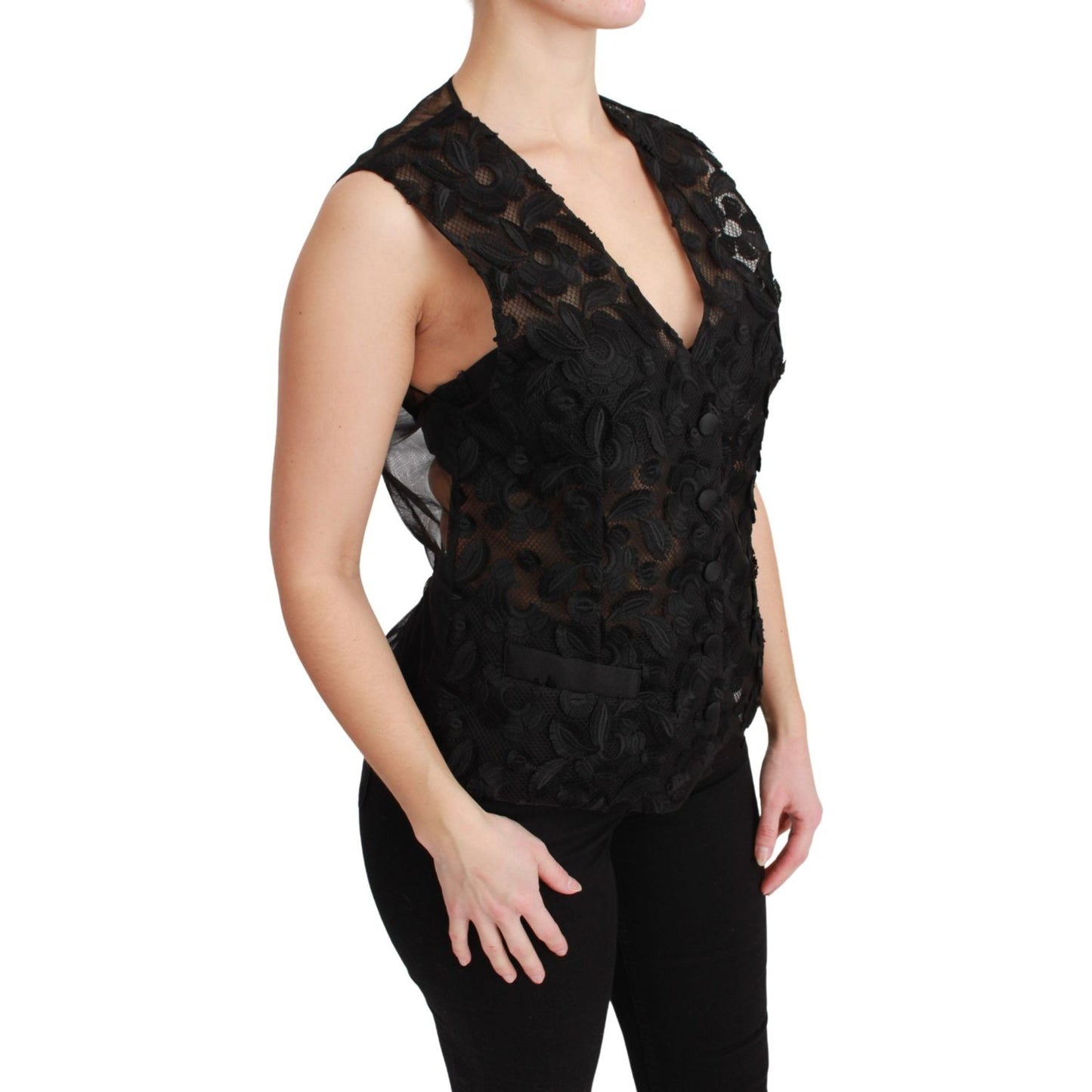 Elegant Floral Black Silk Blend Vest