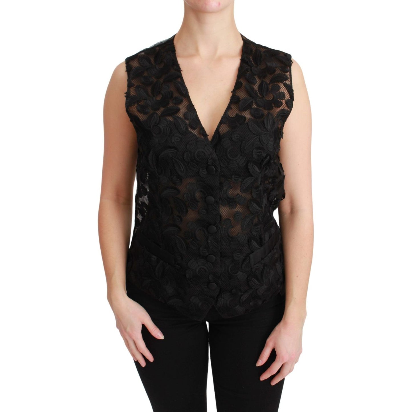 Elegant Floral Black Silk Blend Vest