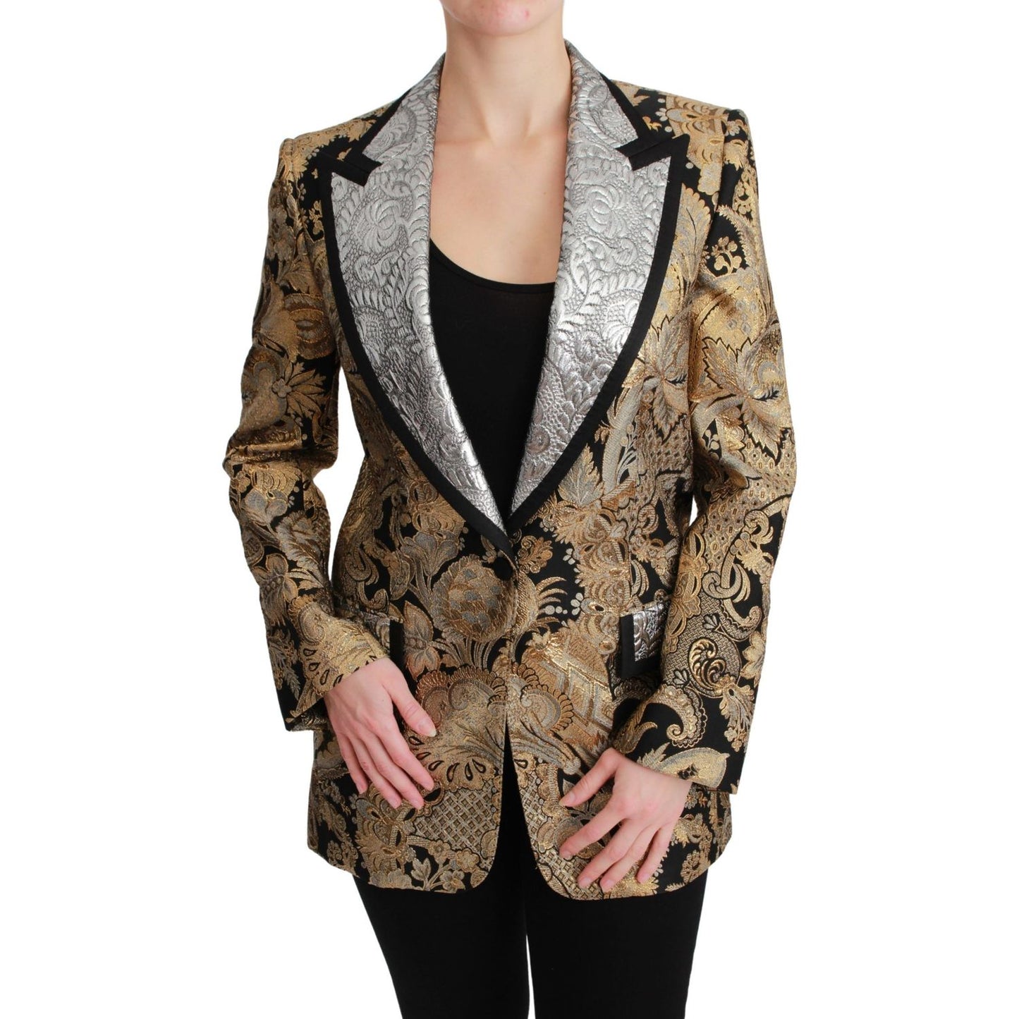 Elegant Gold Floral Jacquard Blazer