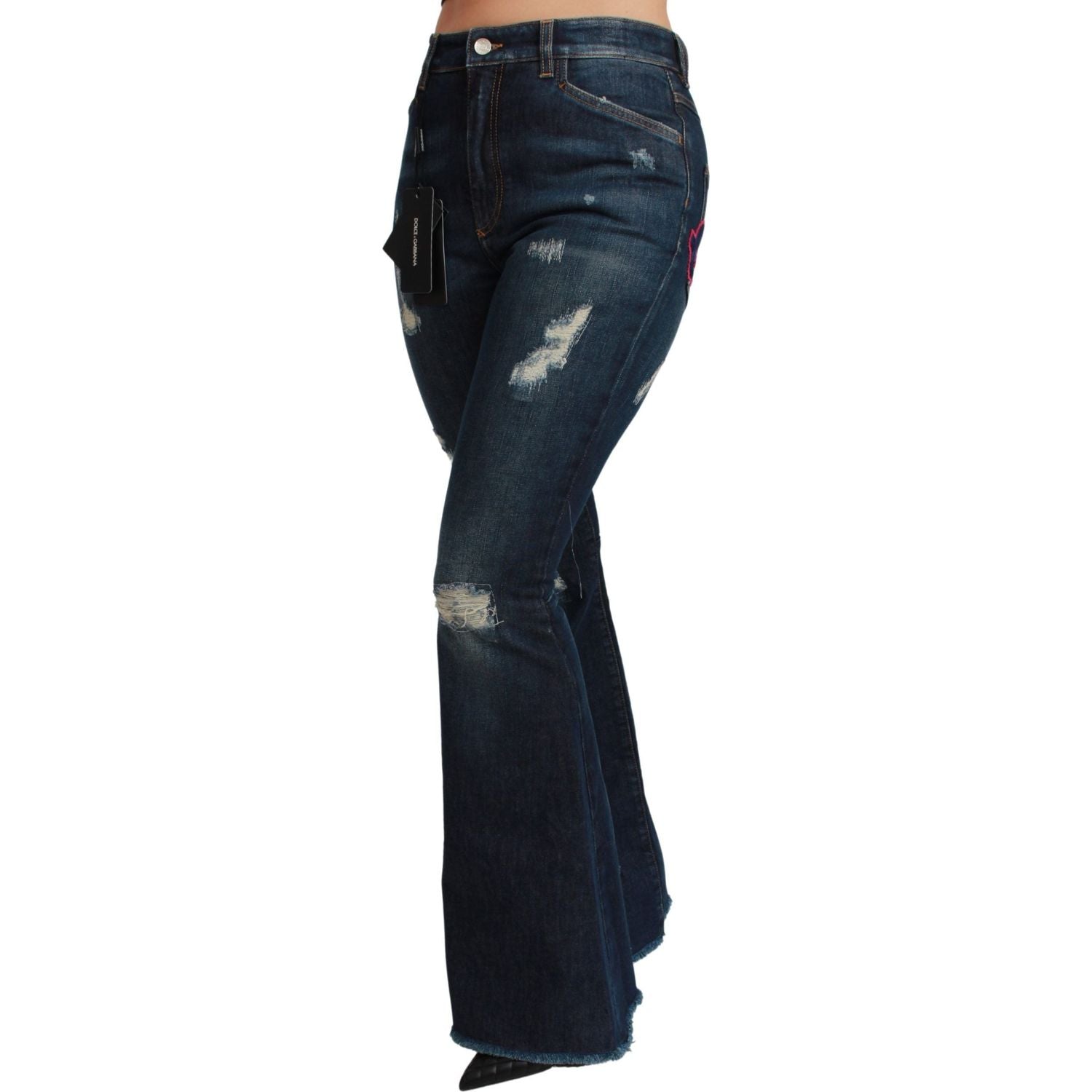 بنطلون جينز دولتشي آند غابانا شيك بخصر مرتفع وواسع من الأمام وتطريز كوين