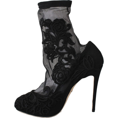 Dolce & Gabbana Black Roses Stilettos Booties Socks Shoes Shoes