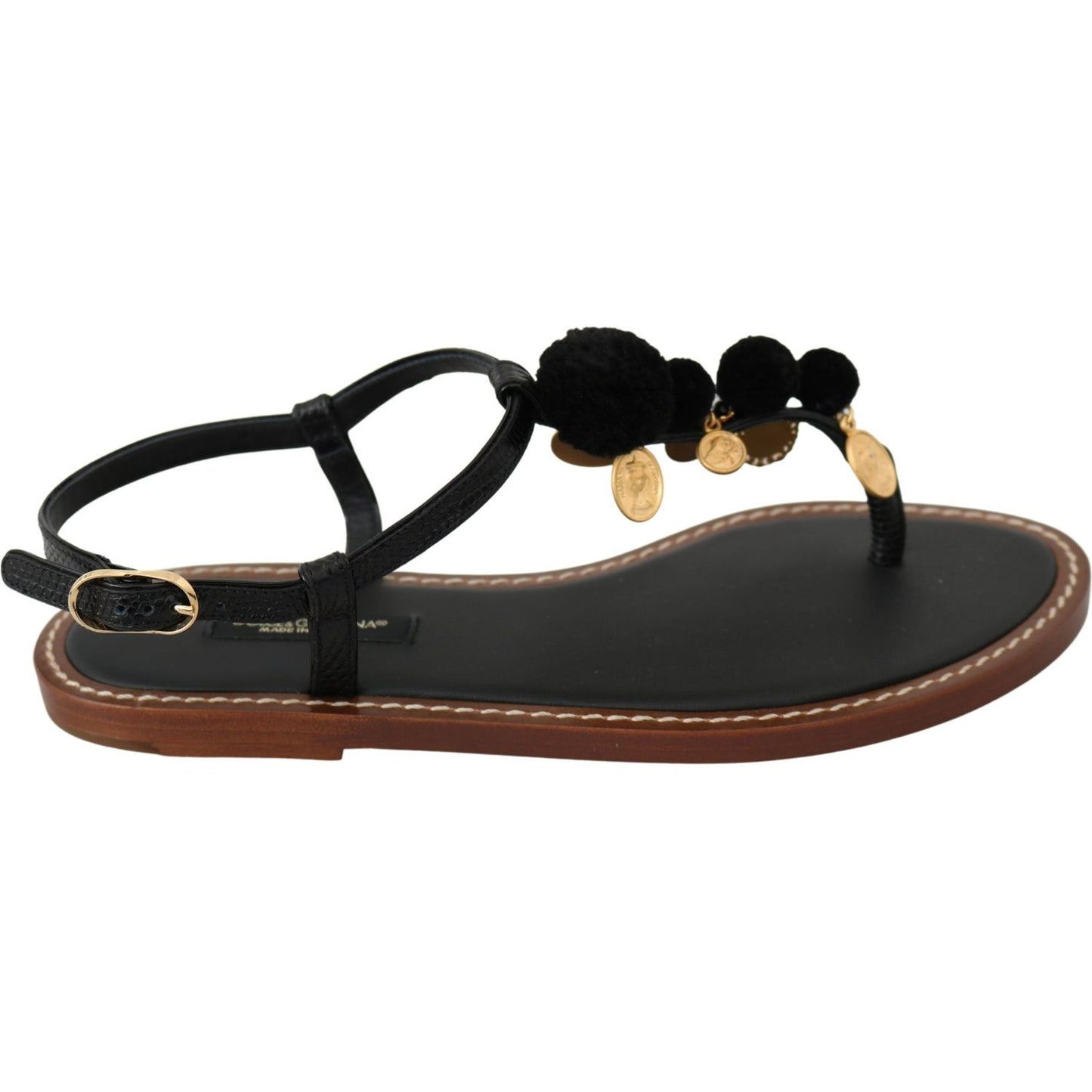 Pom Pom Flip Flop Ankle Strap Flats