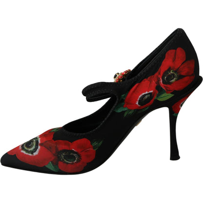Dolce & Gabbana Black Red Floral Mary Janes Pumps Shoes