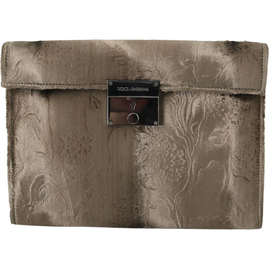 Beige Velvet Croco-Print Leather Briefcase Clutch