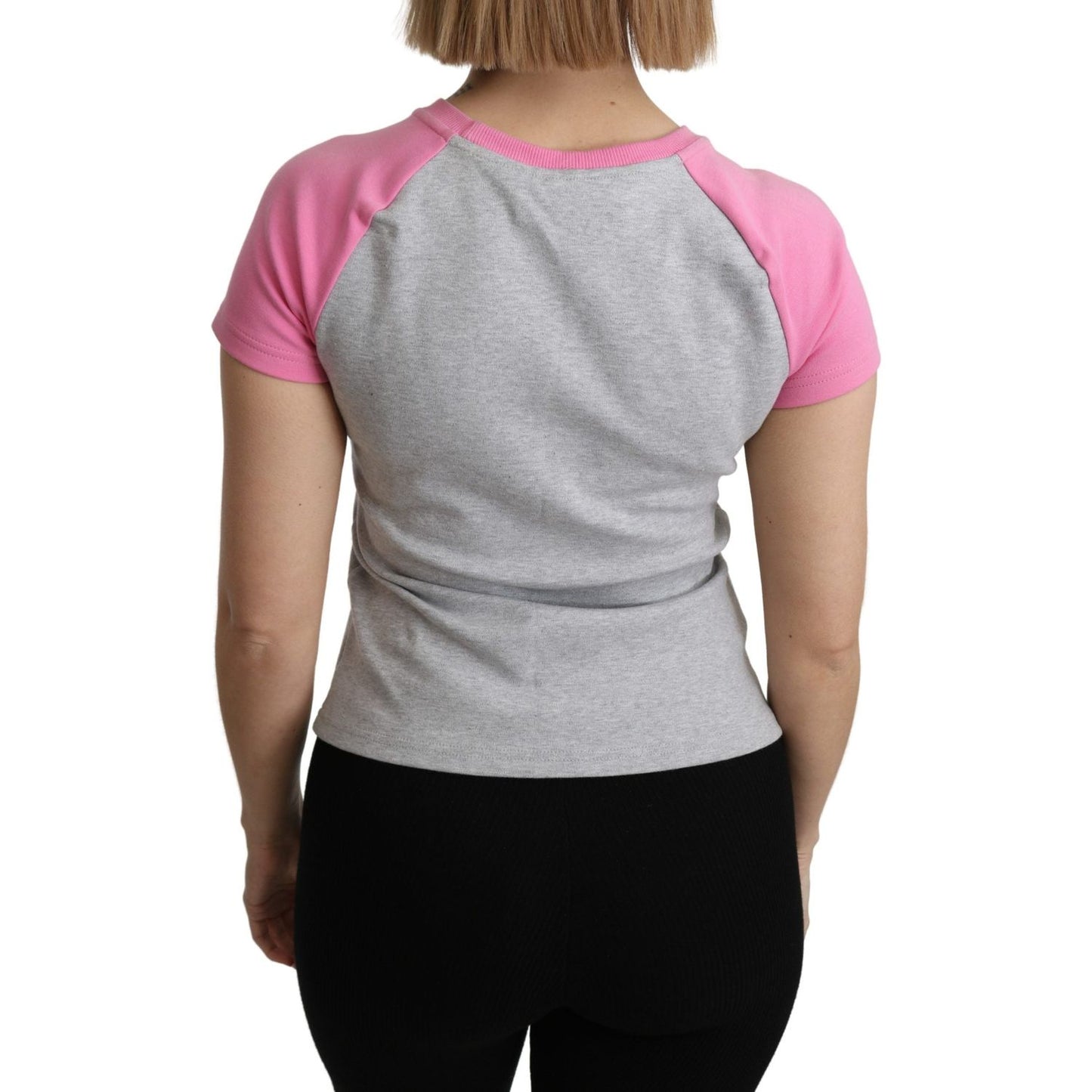 Chic Gray Crew Neck Cotton T-shirt with Pink Accents