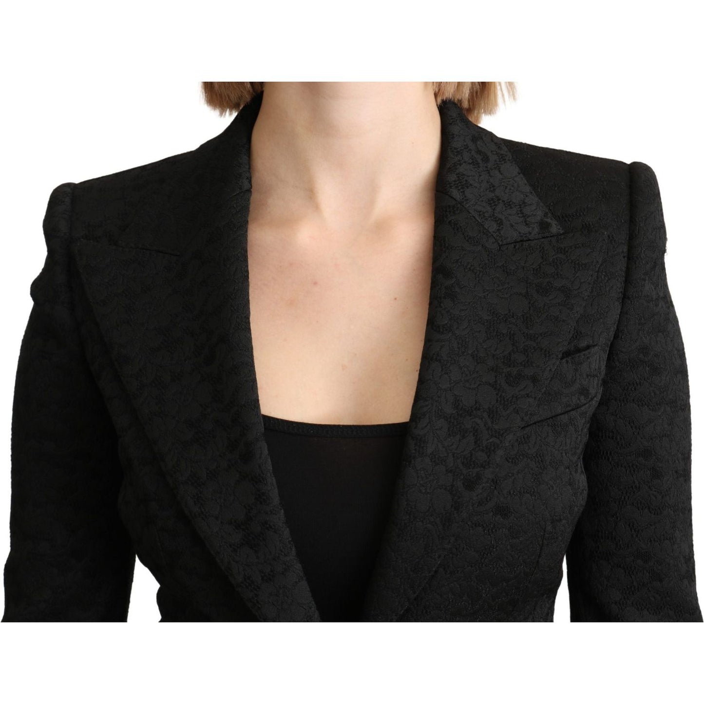 Elegant Black Brocade Single Breasted Blazer