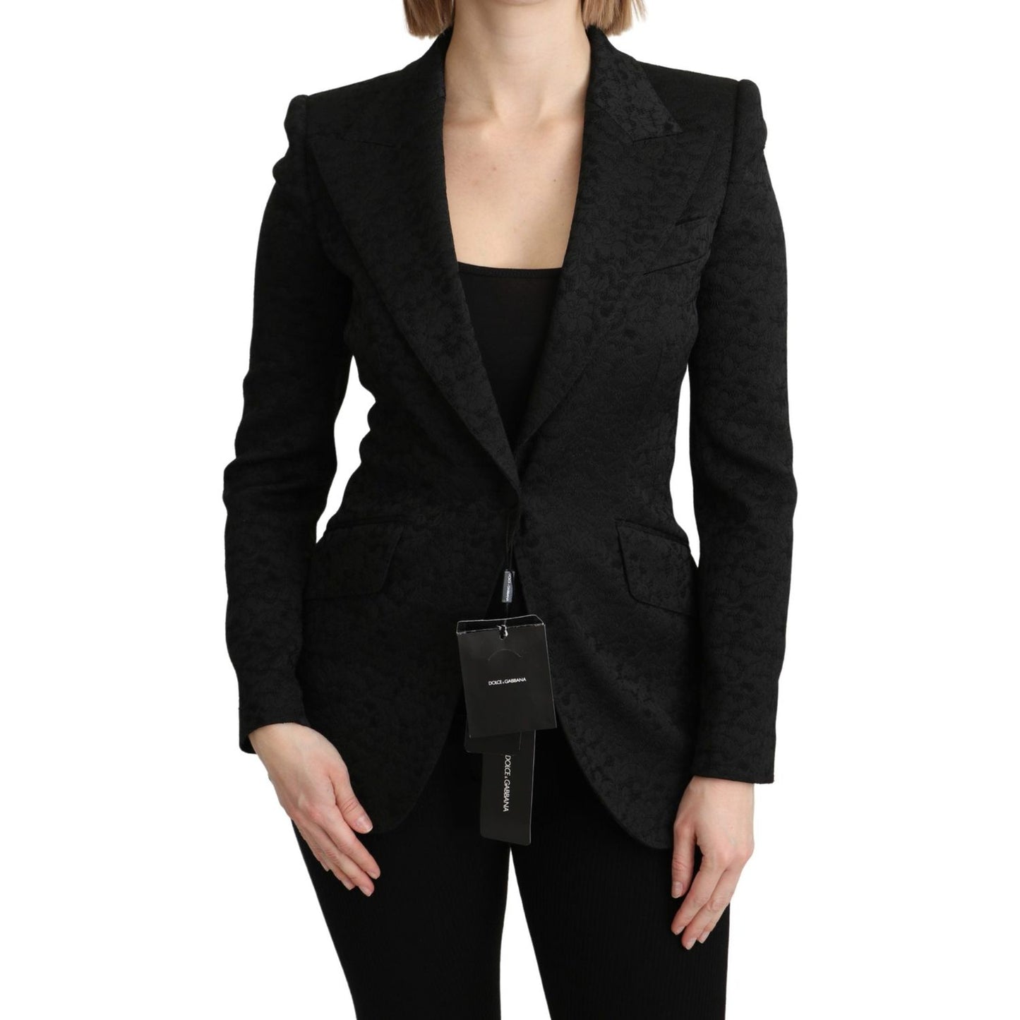 Elegant Black Brocade Single Breasted Blazer