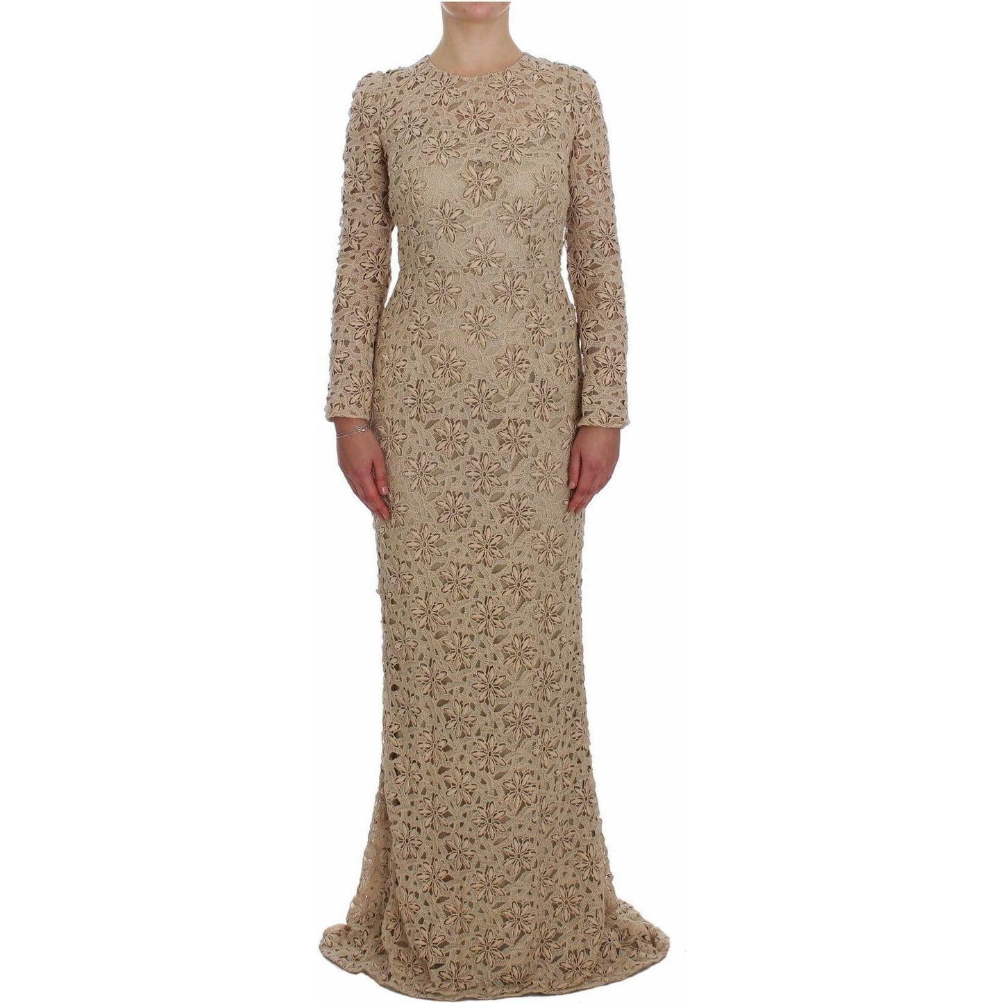 Beige Floral Lace Long Sleeve Maxi Dress