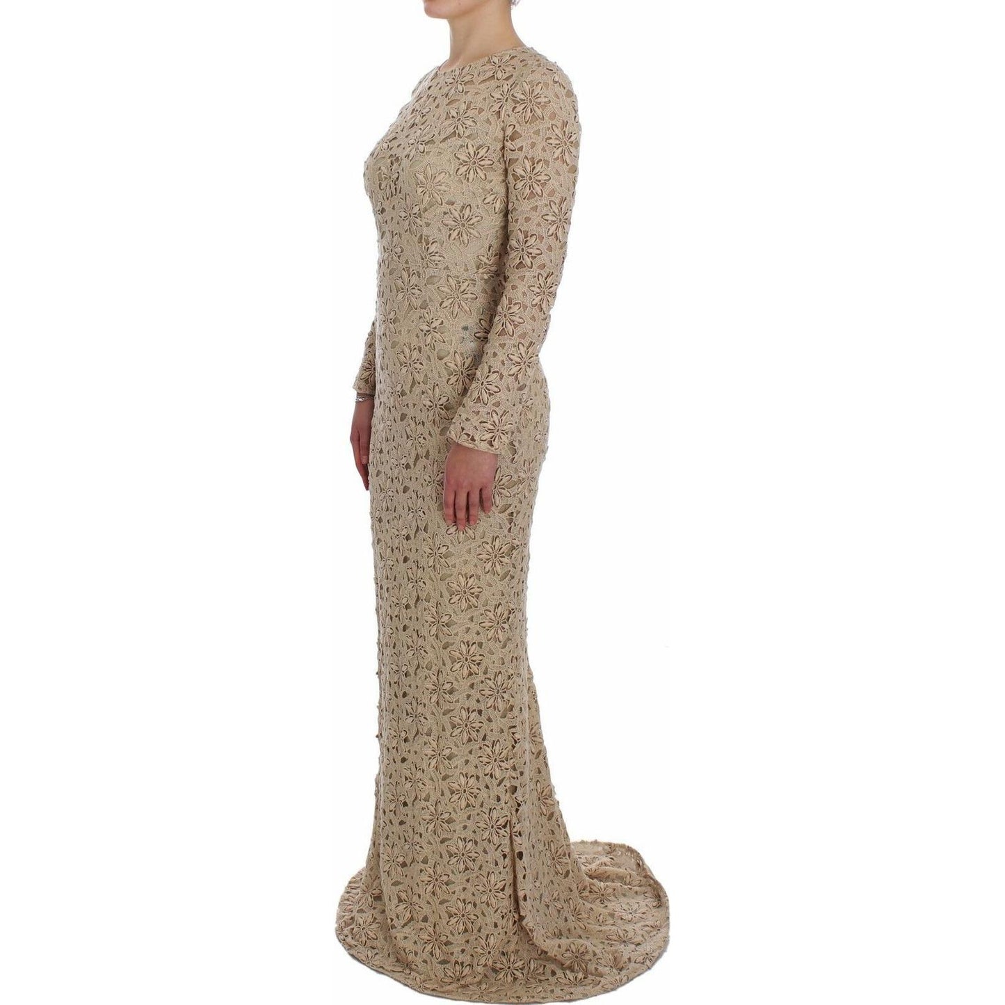 Beige Floral Lace Long Sleeve Maxi Dress