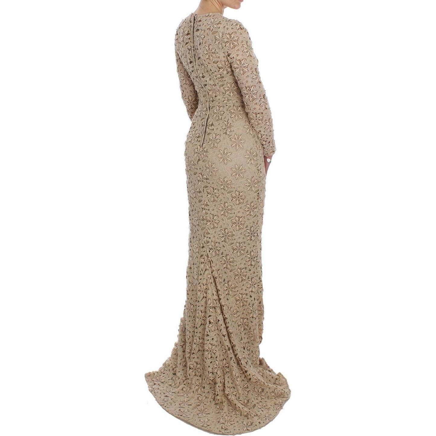 Beige Floral Lace Long Sleeve Maxi Dress