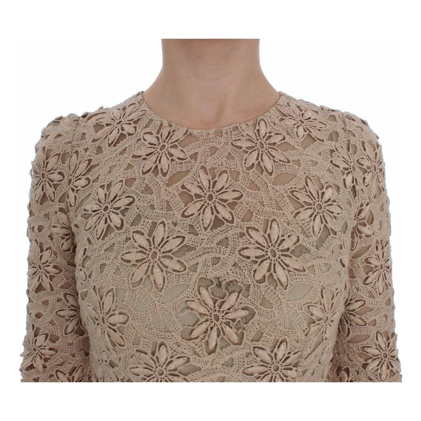 Beige Floral Lace Long Sleeve Maxi Dress