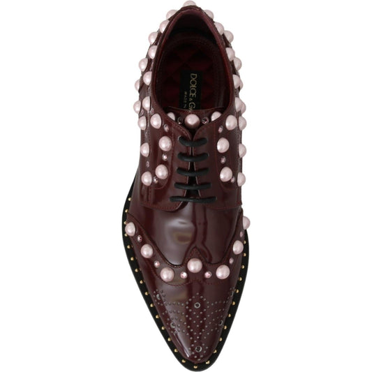 Elegant Bordeaux Lace-Up Flats with Pearls and Crystals