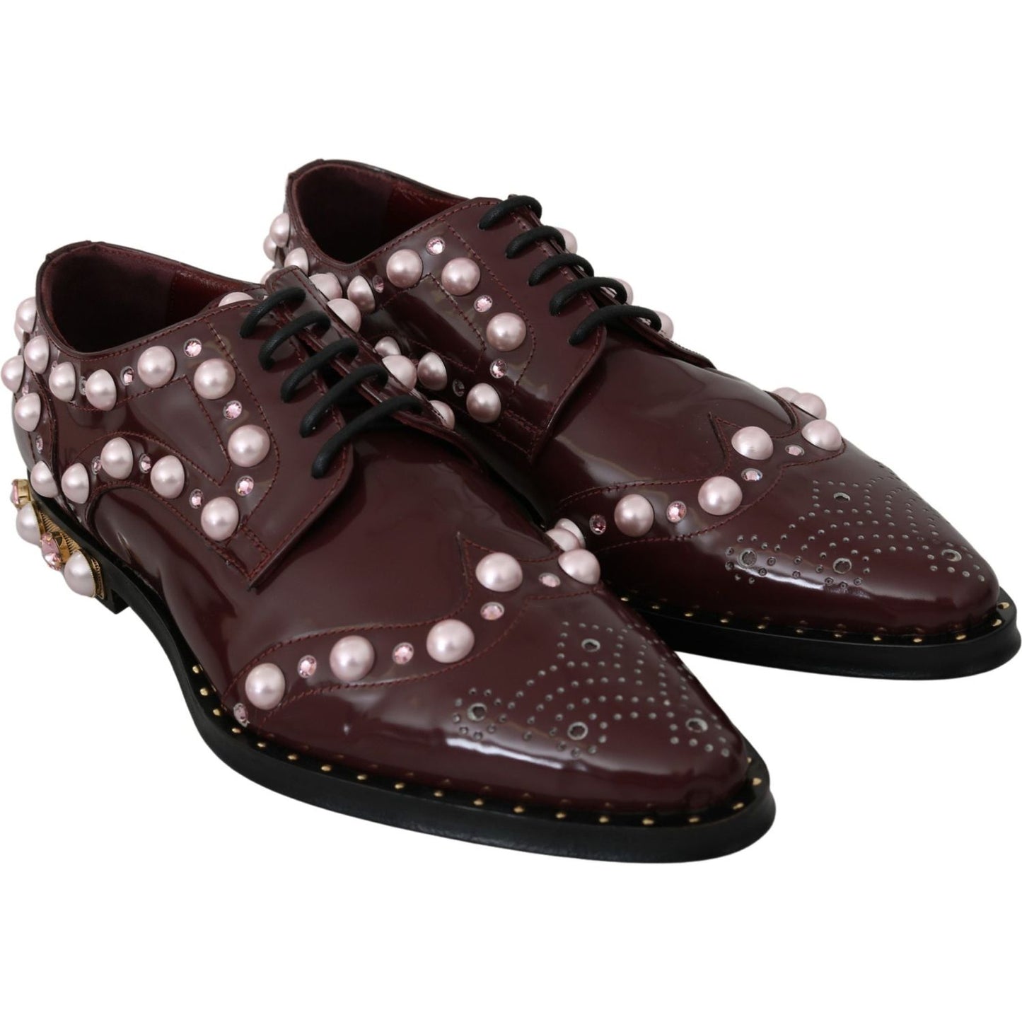 Elegant Bordeaux Lace-Up Flats with Pearls and Crystals