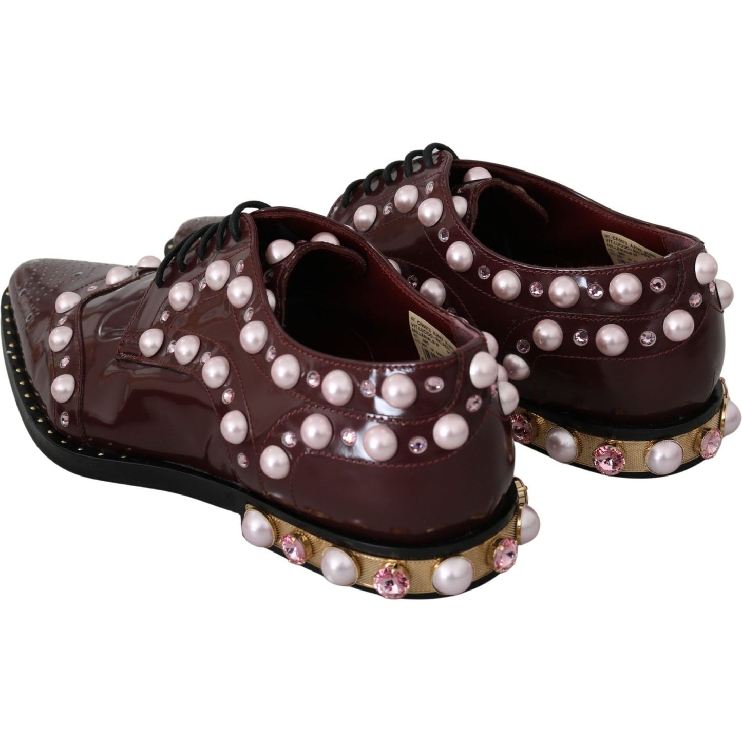 Elegant Bordeaux Lace-Up Flats with Pearls and Crystals