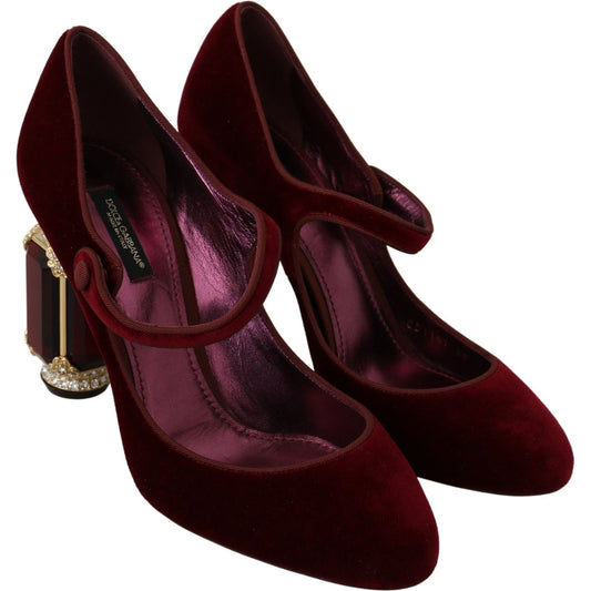 Red Velvet Crystal-Embellished Mary Janes Heels