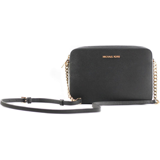 Jet Set Large East West Saffiano Leather Crossbody Bag Handbag (Black Solid/Gold Hardware)