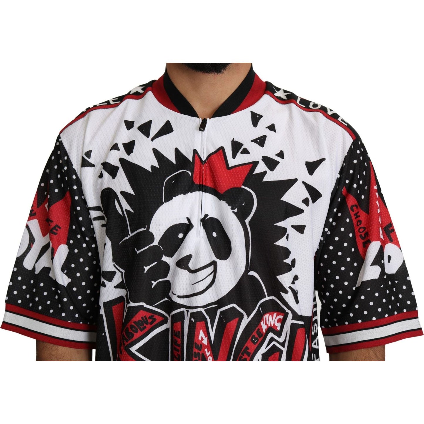 Chic White King Panda Print Zipper Collar Tee