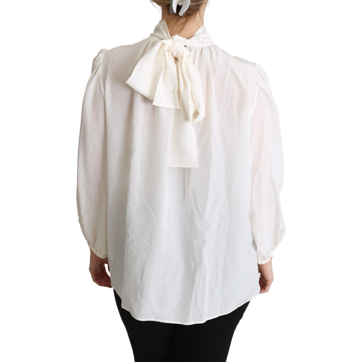 Elegant White Silk Pussy Bow Blouse