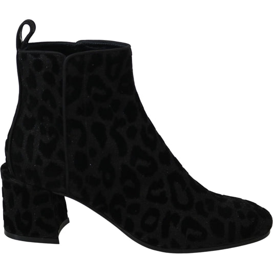 Dolce & Gabbana Black Leopard Short Boots Zipper Shoes