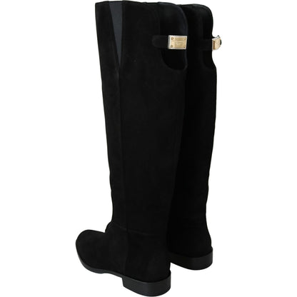 Dolce & Gabbana Black Suede Knee High Flat Boots Shoes