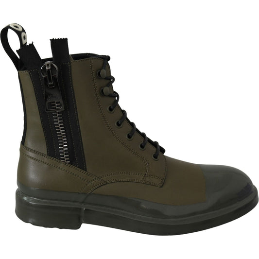 Chic Military Green Leather Ankle Boots